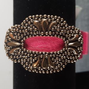 Pink Leather Cuff Bracelet Vintage Inspired  Oval Buckle Snap Closure